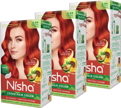 Nisha cream permanent hair color superior quality no ammonia cream formula permanent Fashion Highlights and rich bright long-lasting colour Copper Red (pack of 3) , COPPER RED 5.64