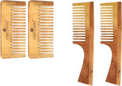 PARK DANIEL Natural & Ecofriendly Handmade Medium Detangler Neem Wooden Comb(5.5 inches) & Dressing Handle Comb(7.5 inches)- Unisex Combo pack of 4 Pcs(2 Pcs Each variety)
