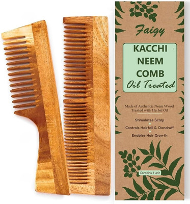 Faigy Kacchi Neem Wood Comb - Natural Haircare Infused with Neem Oil & Herbal Extracts