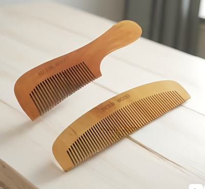 NEW ERA WOOD CARVING ART NEWCA. Pure Neem Wood Combs (Pack of 2) Natural Kangha for Men & Women