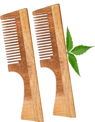 MICLAC Men wide tooth Wooden comb with handle 2PCS