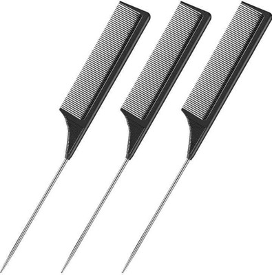 GLOW FIRST 3 Packs Rat Tail Comb Steel Pin Rat Tail Carbon Fiber Heat Resistant Combs
