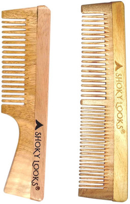 SHOKY LOOKS Handcraft Neem Wood Hair Comb - Anti Dandruff, Non-Static Combo-2