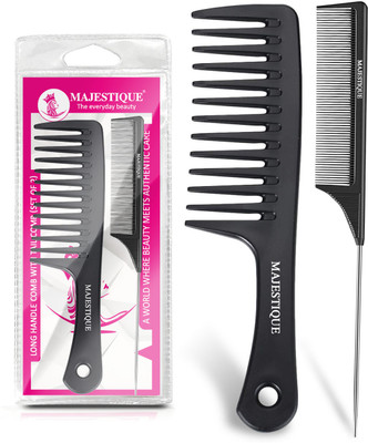 MAJESTIQUE Long Handle Comb With Tail Comb Set, Detangling Parting Comb for All Hair - 2Pcs