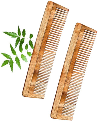 MICLAC Neem Wooden Dual Tooth Comb,,Hairfall,Dandruff Control, Frizz Control 2PCS