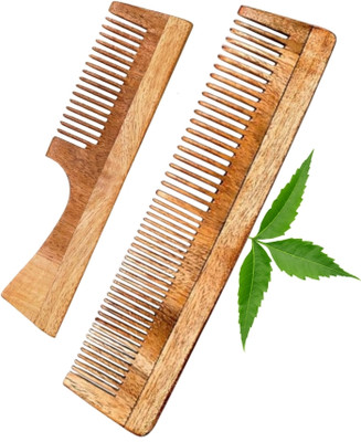 MICLAC Kacchi Neem Wooden Handle & Dual Tooth Comb For Detangling,Frizz Control Combo