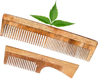 MICLAC Desi Neem Wooden Handle & Dual Tooth Comb Set for Women & Men