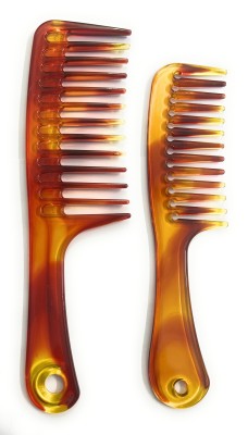 TERATERA Shell Colour Wide Teeth Comb with Handle for Wavy/ Curly Hair - Pack of 2