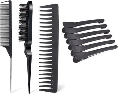 CombZone 9 Piece Brush Set Teasing Brush Rat Tail Wide Teeth Comb Set with Hair Clips