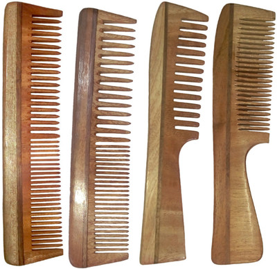 Ginni Marketing Combo of 4 Neem Wood Combs (Regular+Handle)