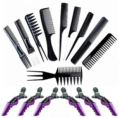 ELITEWAVE 10 Piece Hair Styling Comb Set With 6 Purple Clips For Sections