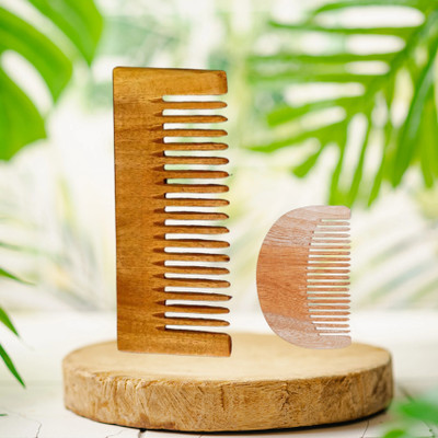 Just Beleaf in Neem Wood Comb | Handmade Antidandruff Comb Set of 2 (Wide Tooth + Moon Comb)
