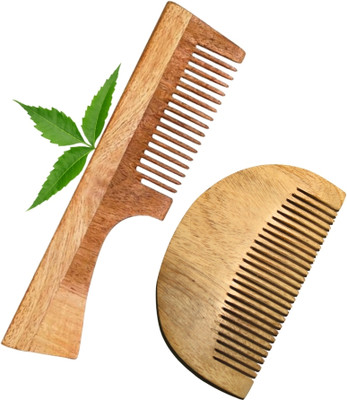 MICLAC Hand Made Pure Neem Wood Comb Beard & Handle For Hair Growth Combo