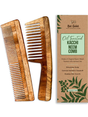 Nat Habit Kacchi Neem Comb, Wooden Comb Hair Growth, Hairfall (Wide + Dual Combo)