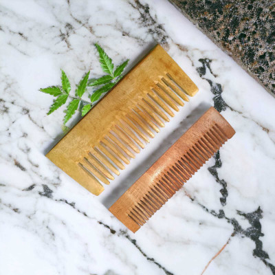 MICLAC Organic Neem Wooden Small Shampoo & Pocket Comb Combo for Healthy Scalp
