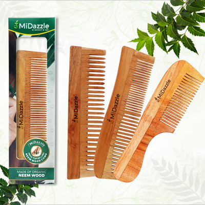 Midazzle Organic Pure Kacchi Neem Wood Comb for men and women (Pack of 3)