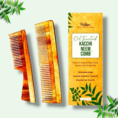 HALDER Neem Wood Anti-Dandruff Comb Handmade Kangi | 2Pcs