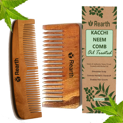 Rearth Kacchi Neem Wooden Wide Teeth Shampoo Comb + Ruby Neem Wooden Comb (Set of 2)