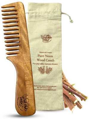 vriksha veda Neem Wood Detangling Comb With Handle | Reduces Hair Breakage, Frizz & Static