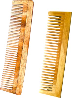 MICLAC Neem Wood Wide Tooth Comb Set - For Hair Growth and Health, Pack of 2