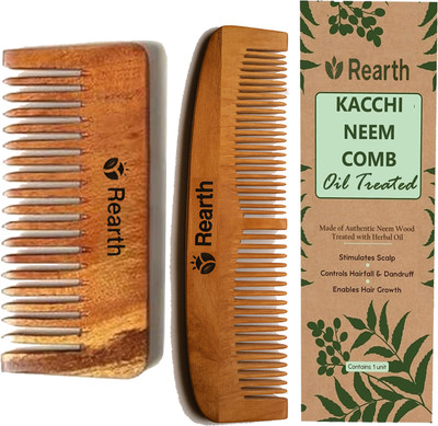 Rearth Kacchi Neem Wooden Wide Teeth Shampoo Comb + Ruby Neem Wooden Comb (Set of 2)