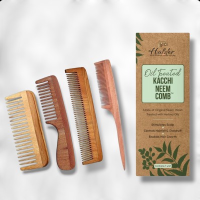 HALDER Kacchi Neem Wood Combs, Anti-Dandruff (Pack of 4)