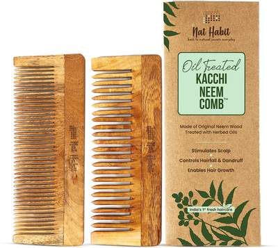 Nat Habit Kacchi Neem Wooden Comb Combo For Post Shampoo Detangling + Daily Styling -Small