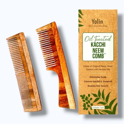 Yolin Neem Wood Anti-Static Handle Shampoo Comb Pack for Healthy Hair | Set of 2