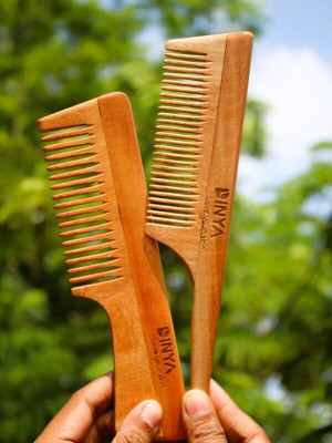 dinya Pintail & Wide Tooth Neem Comb with Handle | Unisex | Pack of 2