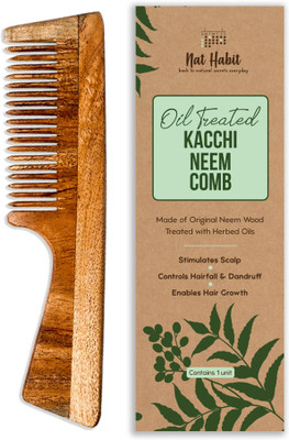 Nat Habit Fine Tooth Neem Wooden Comb | Herbal Hair Comb for Growth, Dandruff & Frizz