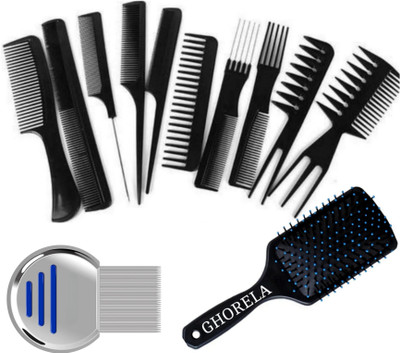 ghorela 1 Lice Remover Comb + 10 Hair Brushes + 1 Flat Brush – Combo Pack of 12