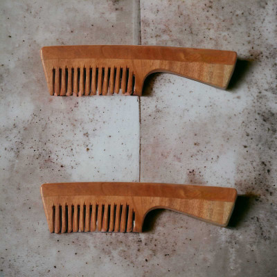 MICLAC Wooden comb with handle for men wide tooth (pack of 2)