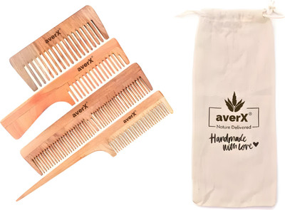 averX Handmade Neem Wood Anti Dandruff Combs Pack of 4 | Family Kit