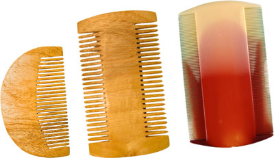 MICLAC Beard & Lice Comb Set – Handmade Neem Wooden & Plastic Combo (Pack of 3)