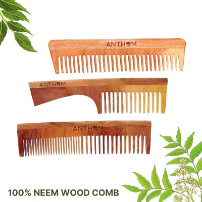 ANTHOM Handmade Neem Wood Anti Dandruff Combs - Pack of 3 | Fine+Dual+Wide Combo