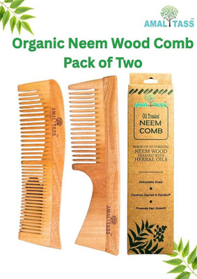 AMALTASS Kacchi Neem Wooden Comb Dual Tooth & Wide Tooth Combo Pack of 2