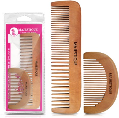 MAJESTIQUE Handmade Wooden Hair Comb | Detangling and Long Hair | Beard Styling Comb - 2Pcs