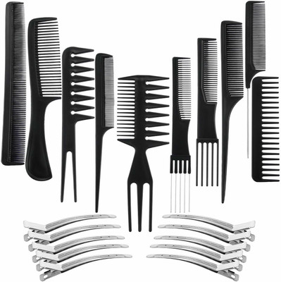 CombZone 10 Pieces Hair Barber Styling Comb Set with 10 Pieces Duck Bill Clips