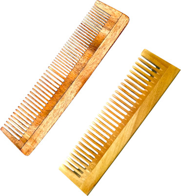 MICLAC Neem Wooden Comb Set for Women - Wide Tooth Detangling Comb, Pack of 2