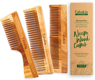 Fabskin Neem Wooden Comb For Men & Women | Set Of 3 | Detangling, Frizz Control & Shine