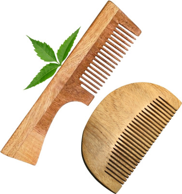 MICLAC Kacchi Neem Wooden Beard & Handle Comb For Detangling,Frizz Control Combo