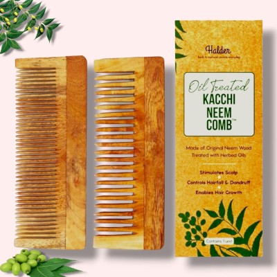 HALDER Neem Wood Comb: Shampoo Detangler for Hair Fall and Dandruff - Pack of 2