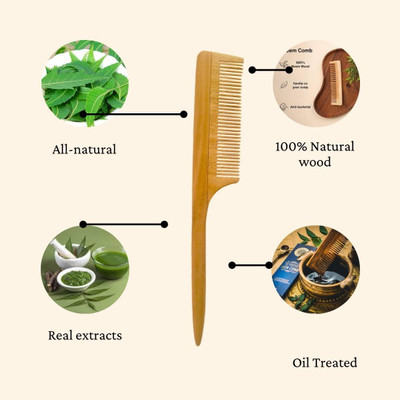 DAUMI Organic Handmade Neem wood Anti-Dandruff Combs, Brown - long tail