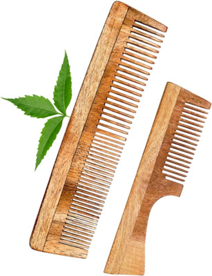 MICLAC Handicrafted kacchi neem wooden Handle & Dual Tooth comb Set for unisex