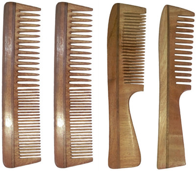 Ginni Marketing Combo of 4 Neem Wood Combs (Regular Detangler+Handle)