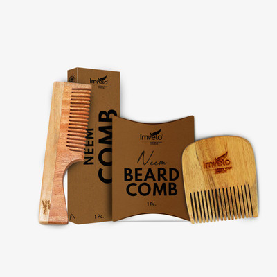 IMVELO Neem Wooden Combs | 1 Pocket Size Beard Comb + 1 Fine Comb for Hair Growth
