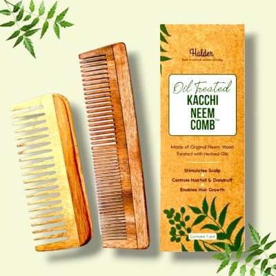 HALDER Handmade Neem Wood Hair Comb Set Anti-Dandruff Pack of 2