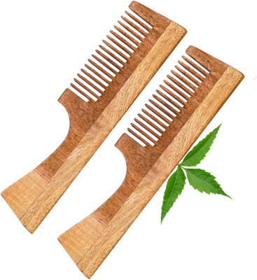 MICLAC Kacchi neem comb with handle for hair 2PCS
