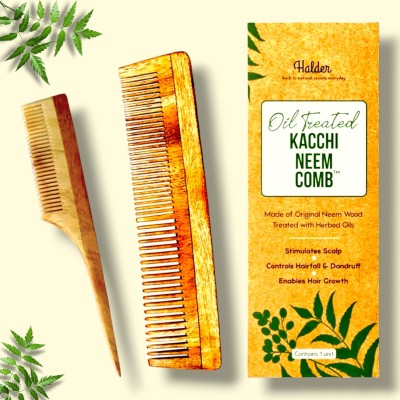 HALDER Kacchi Neem Wood Tail Comb Kanghi - Reduce Frizz and Breakage, 2Pcs