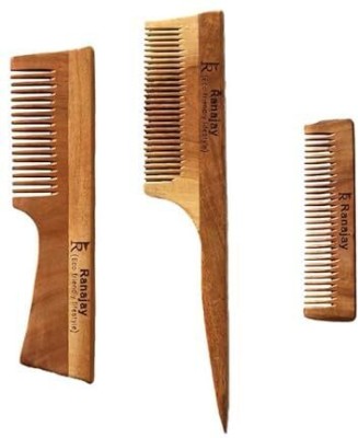 RANAJAY Neem Kachi Comb Set: Lily, Handle, Pocket Comb for Frizz Control & Shine - 3 PC